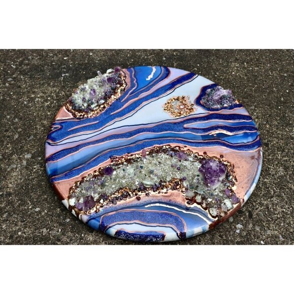 Geode Resin Art 18" Round Piece Purple Amethyst Crystals & Grape Agate - Picture 2 of 9